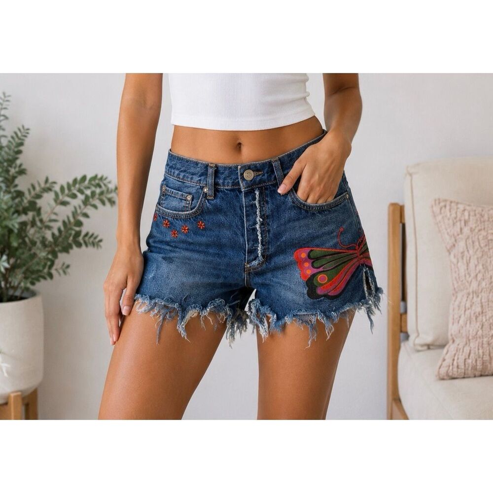 Free People We The Free Fields of Sun Butterfly Denim Shorts Size 29 Boho